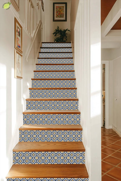 Navy Medieval Geometric Lattice peel and stick stair riser decals, photo 7 of 8