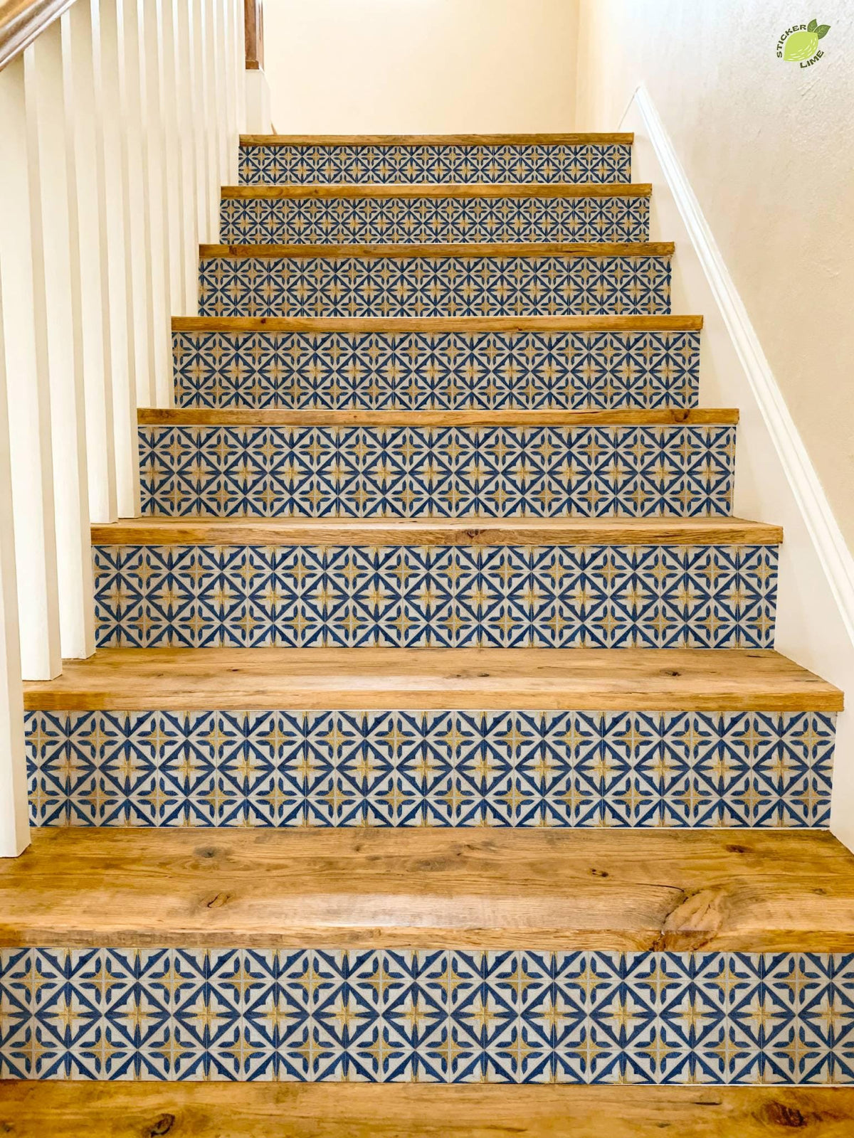 Navy Medieval Geometric Lattice peel and stick stair riser decals, photo 8 of 8