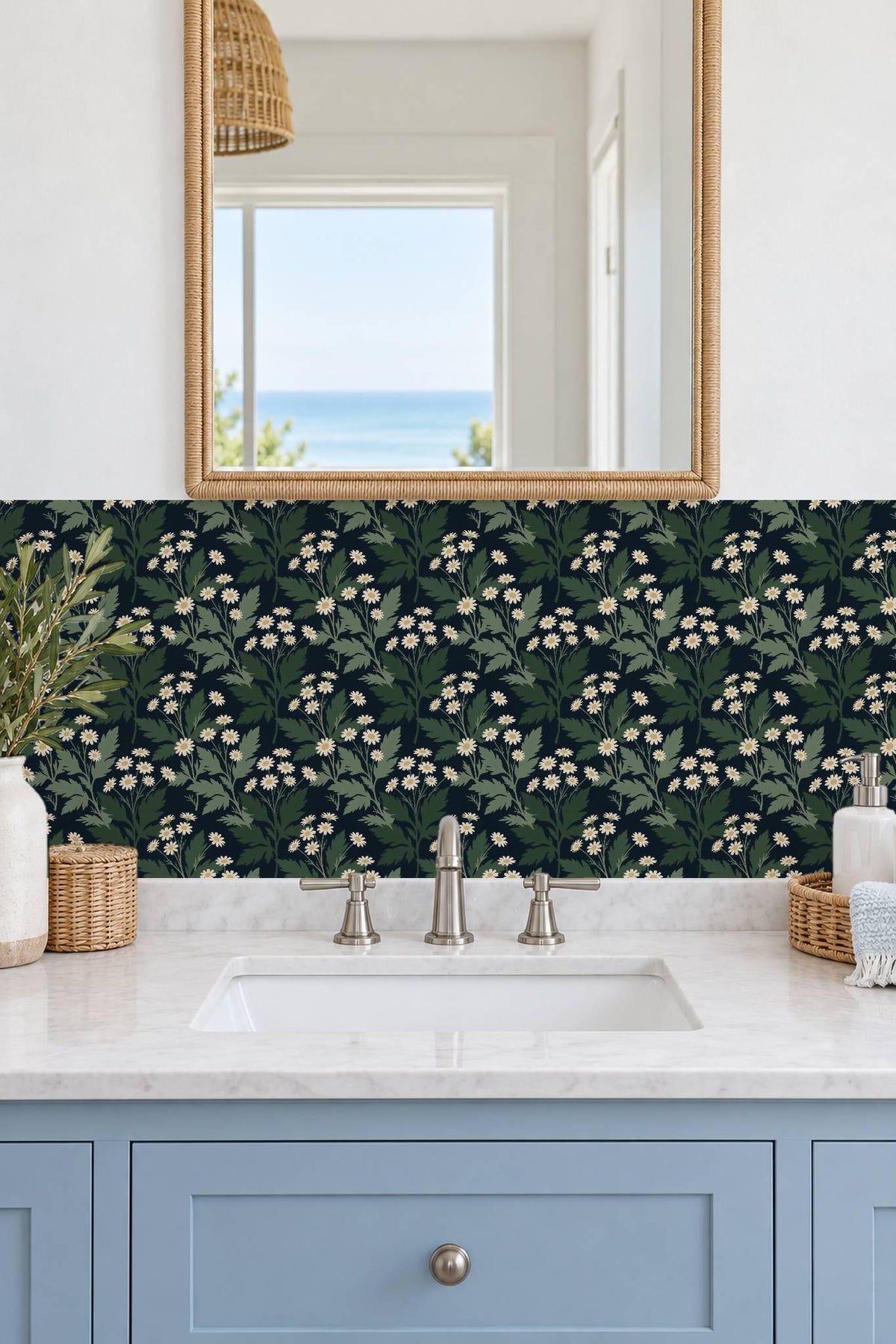 Navy Oversized Botanical Lattice peel and stick tile decals, photo 4 of 8
