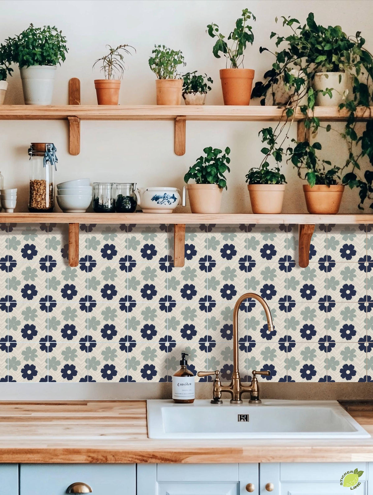 Navy Scandi Petal Herringbone peel and stick tile decals
