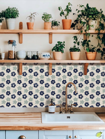 Navy Scandi Petal Herringbone peel and stick tile decals