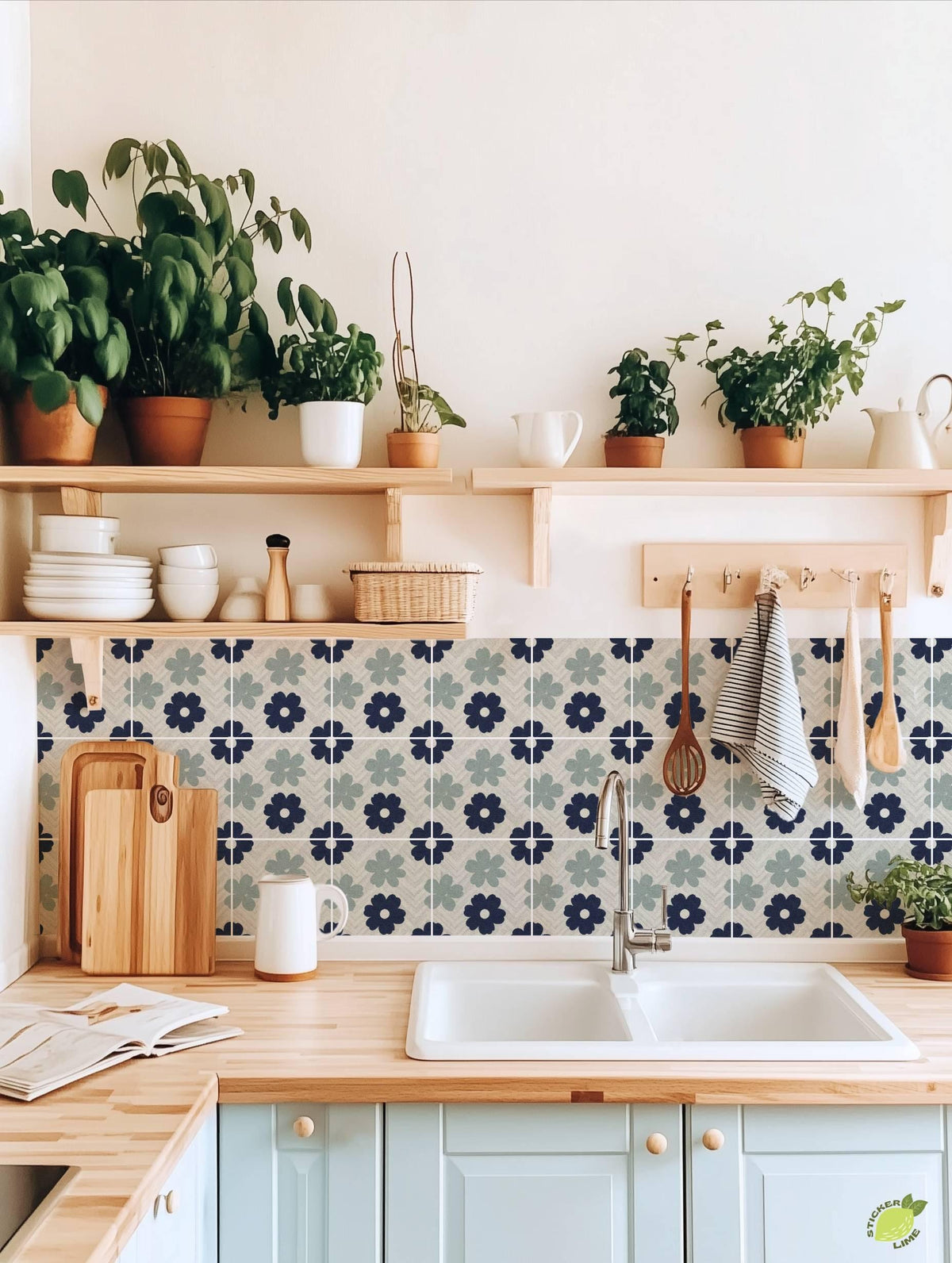 Navy Scandi Petal Herringbone peel and stick tile decals, photo 6 of 8