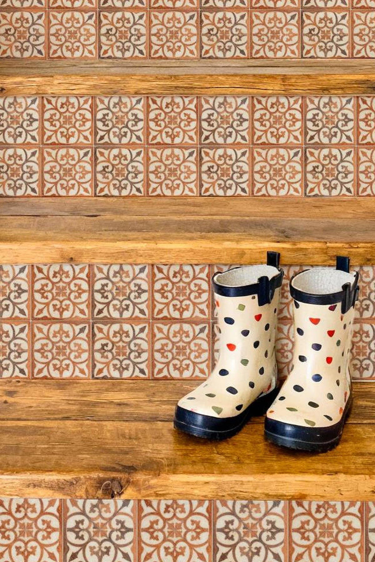 Ochre Terracotta Medallion peel and stick stair riser decals