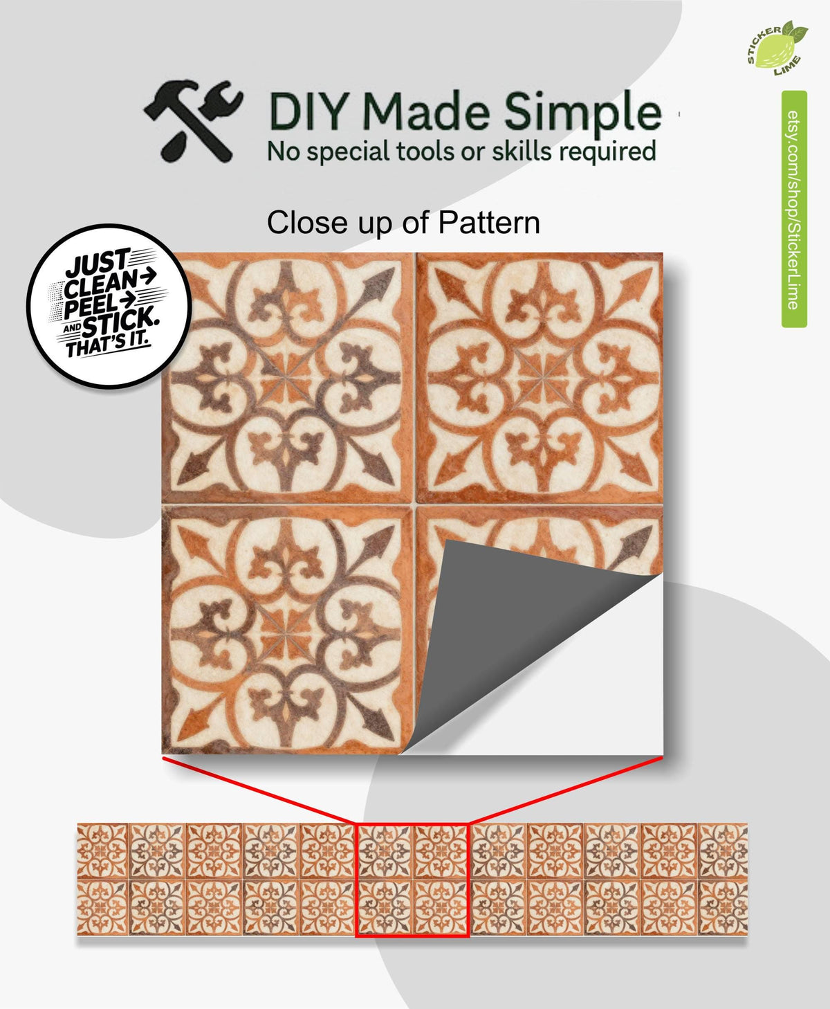 Ochre Terracotta Medallion peel and stick stair riser decals, photo 2 of 8