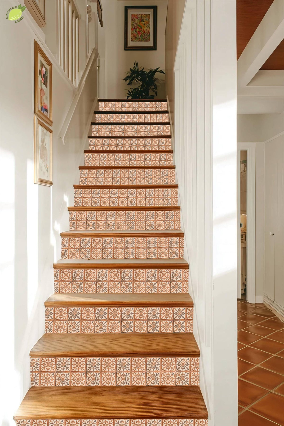 Ochre Terracotta Medallion peel and stick stair riser decals, photo 7 of 8