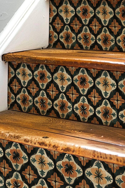 Orange & Black Moroccan Tile peel and stick stair riser decals