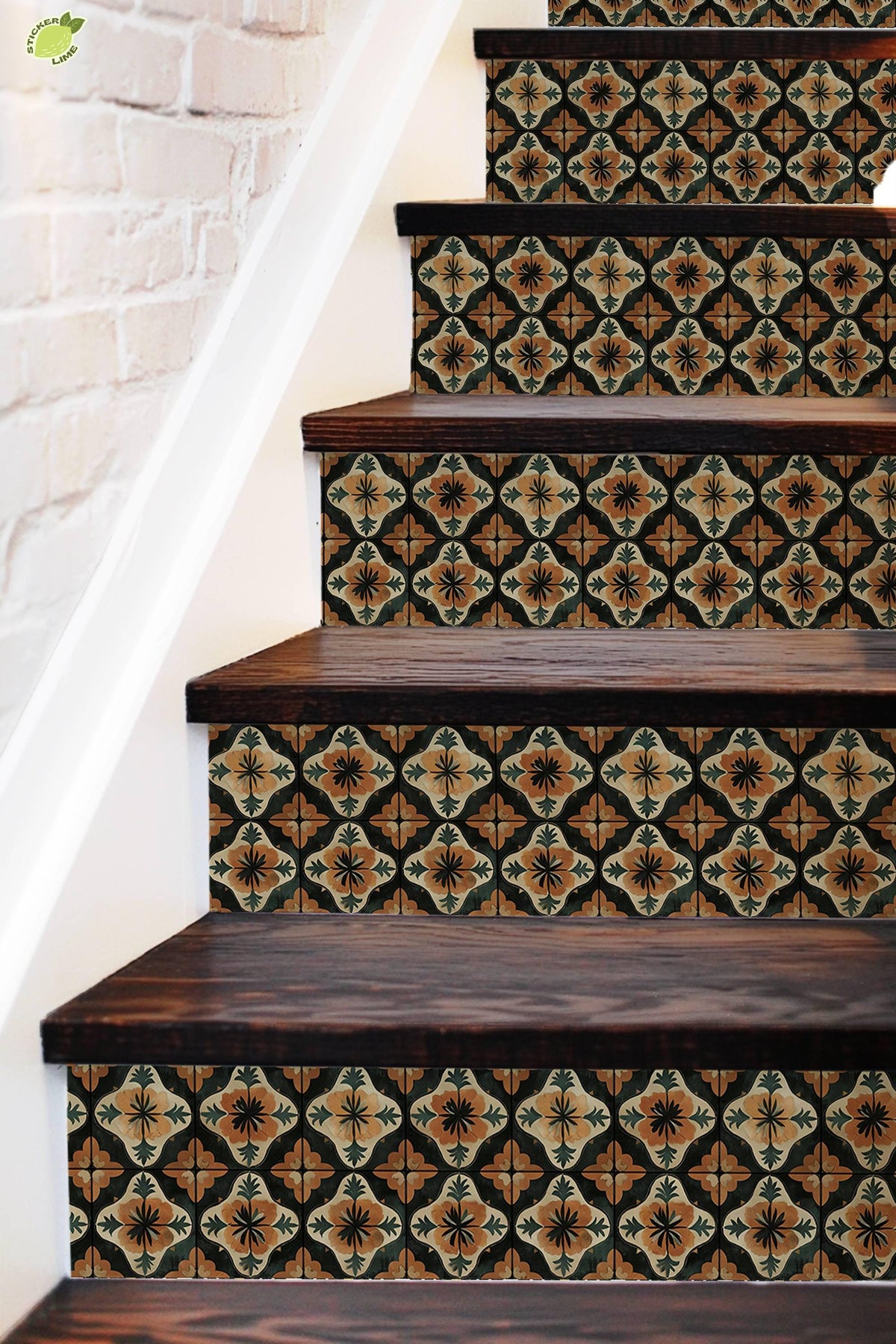 Orange & Black Moroccan Tile peel and stick stair riser decals, photo 3 of 8