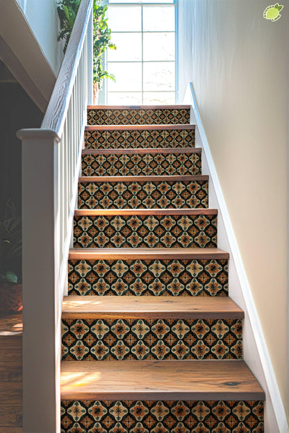 Orange & Black Moroccan Tile peel and stick stair riser decals, photo 4 of 8