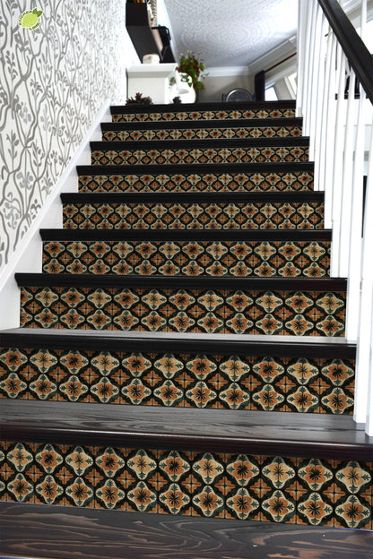 Orange & Black Moroccan Tile peel and stick stair riser decals, photo 6 of 8