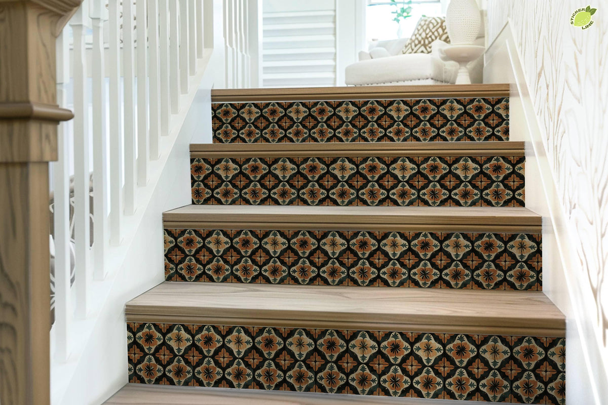 Orange & Black Moroccan Tile peel and stick stair riser decals, photo 7 of 8