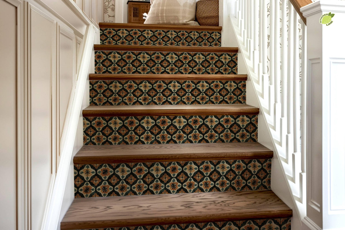 Orange & Black Moroccan Tile peel and stick stair riser decals, photo 8 of 8
