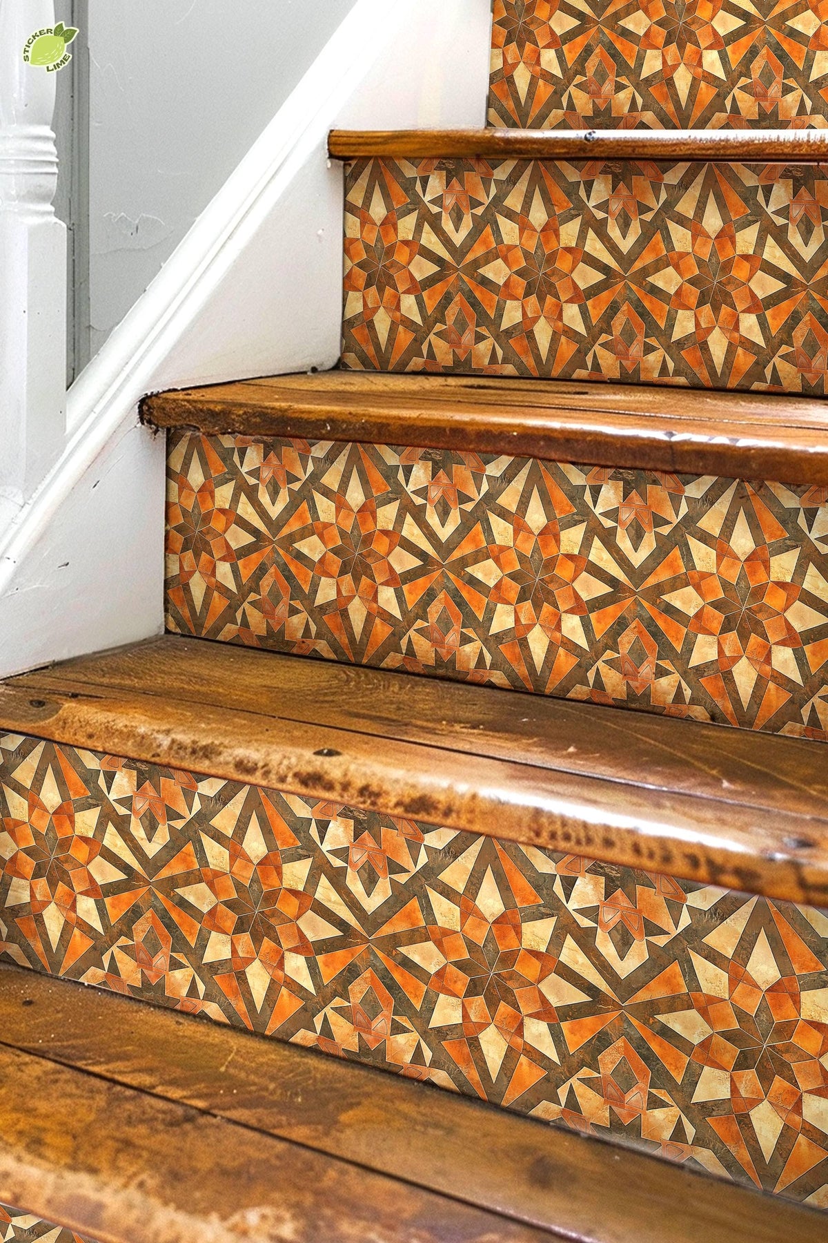 Orange & Brown Rustic Moroccan Tile peel and stick stair riser decals