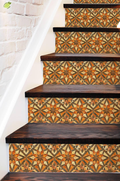 Orange & Brown Rustic Moroccan Tile peel and stick stair riser decals, photo 3 of 8