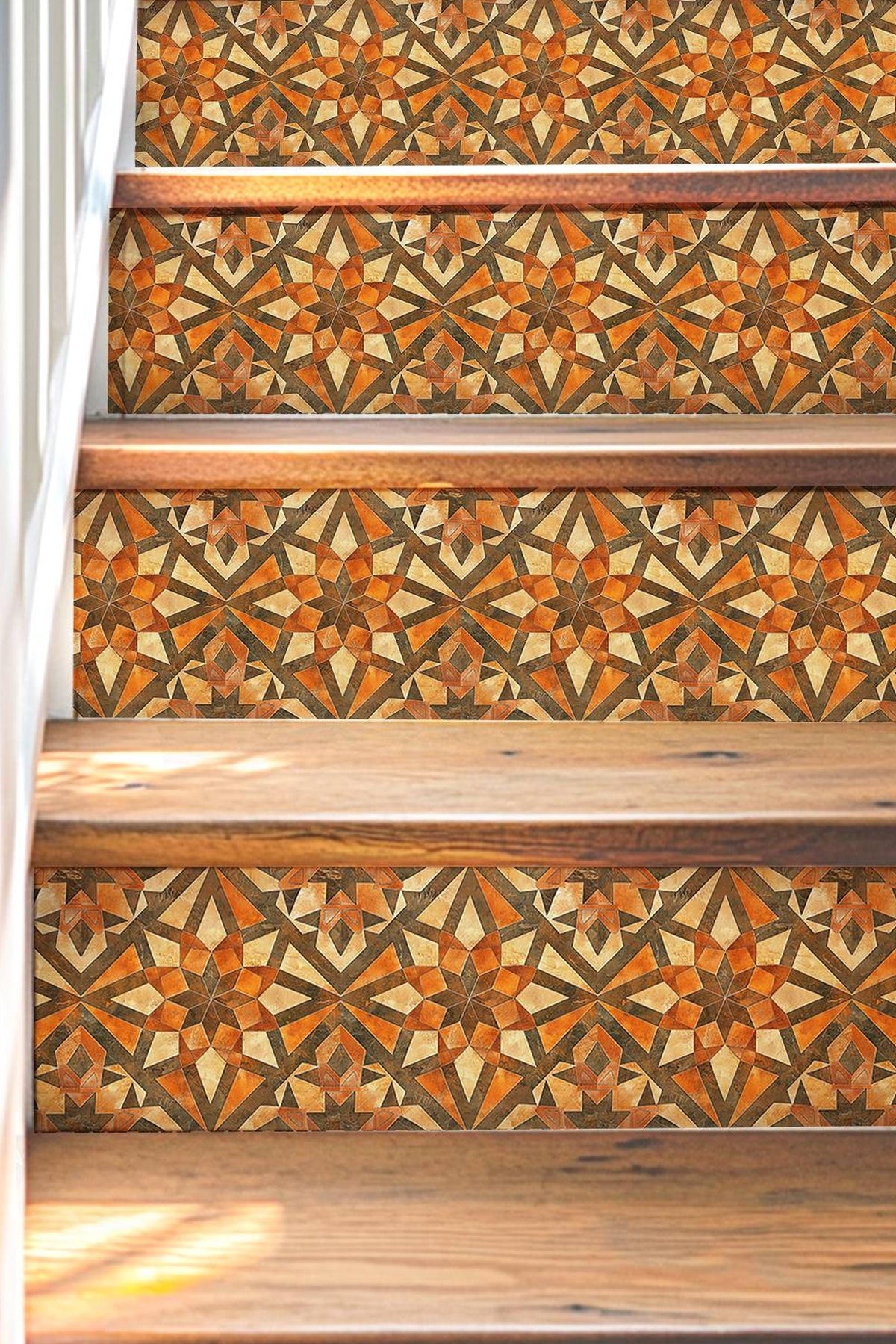 Orange & Brown Rustic Moroccan Tile peel and stick stair riser decals, photo 4 of 8