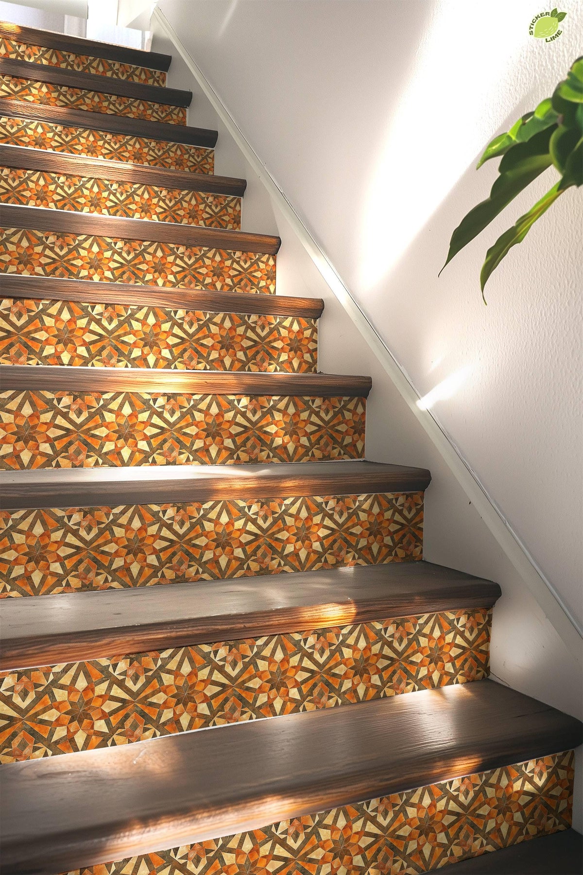 Orange & Brown Rustic Moroccan Tile peel and stick stair riser decals, photo 5 of 8
