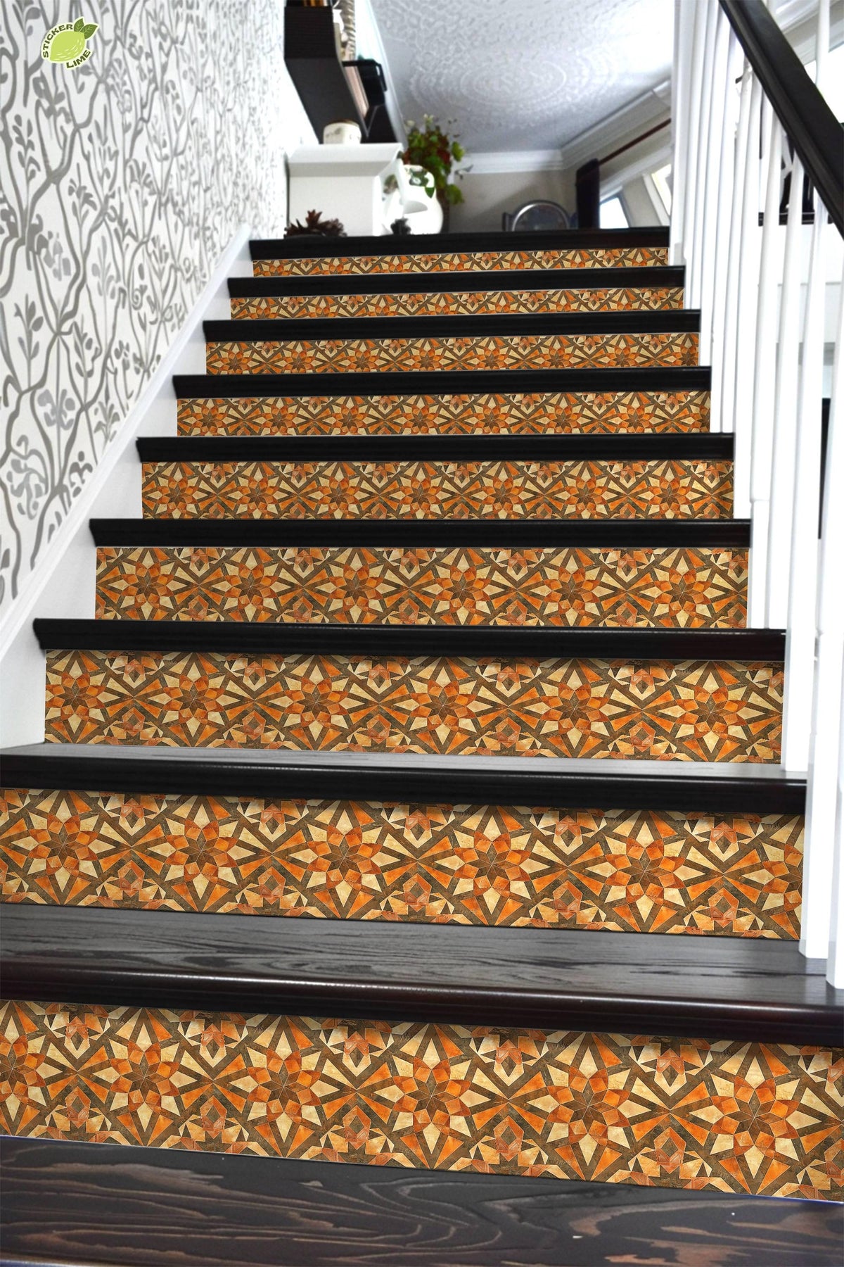 Orange & Brown Rustic Moroccan Tile peel and stick stair riser decals, photo 6 of 8