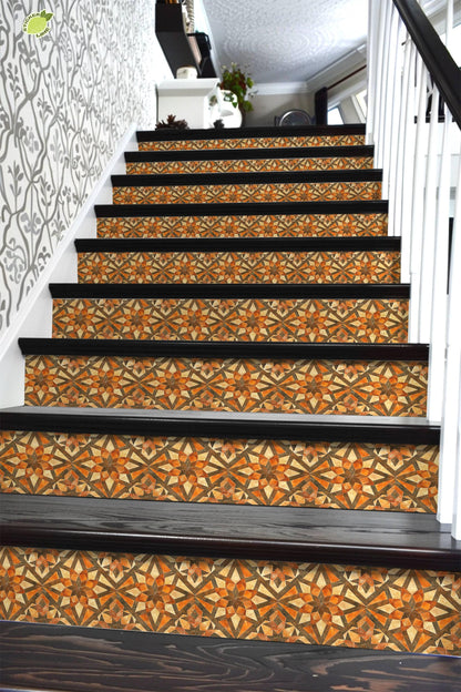 Orange & Brown Rustic Moroccan Tile peel and stick stair riser decals, photo 6 of 8