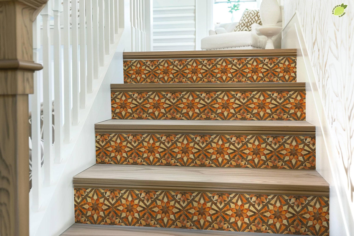 Orange & Brown Rustic Moroccan Tile peel and stick stair riser decals, photo 7 of 8