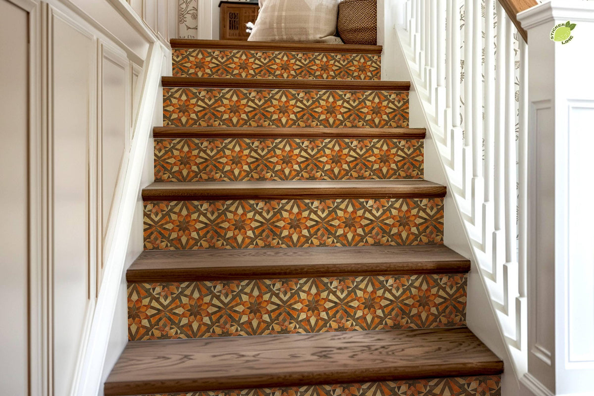 Orange & Brown Rustic Moroccan Tile peel and stick stair riser decals, photo 8 of 8