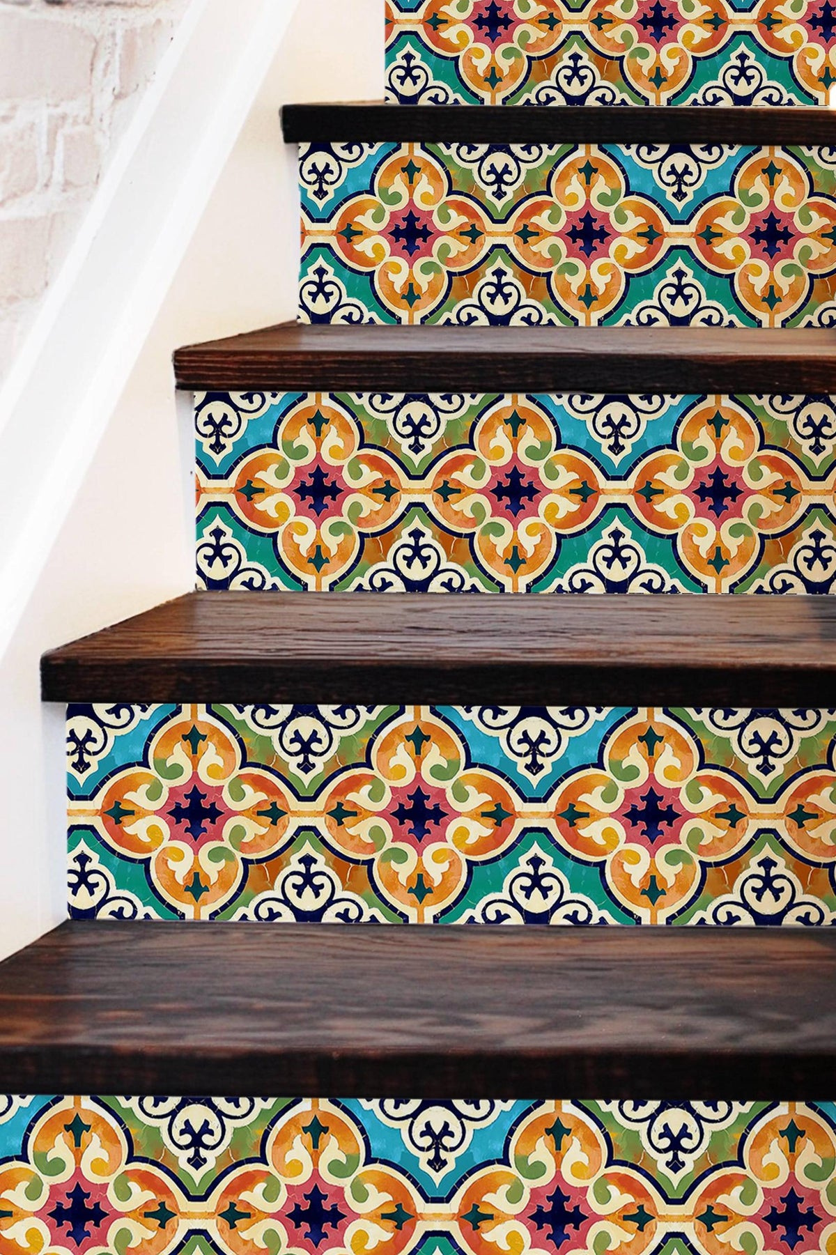 Orange & Pink Moroccan Tile peel and stick stair riser decals