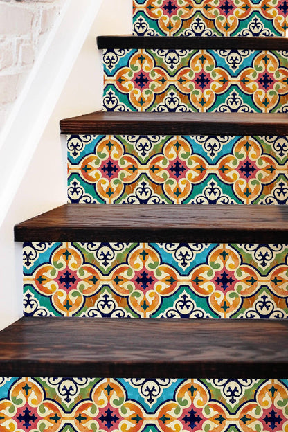 Orange & Pink Moroccan Tile peel and stick stair riser decals