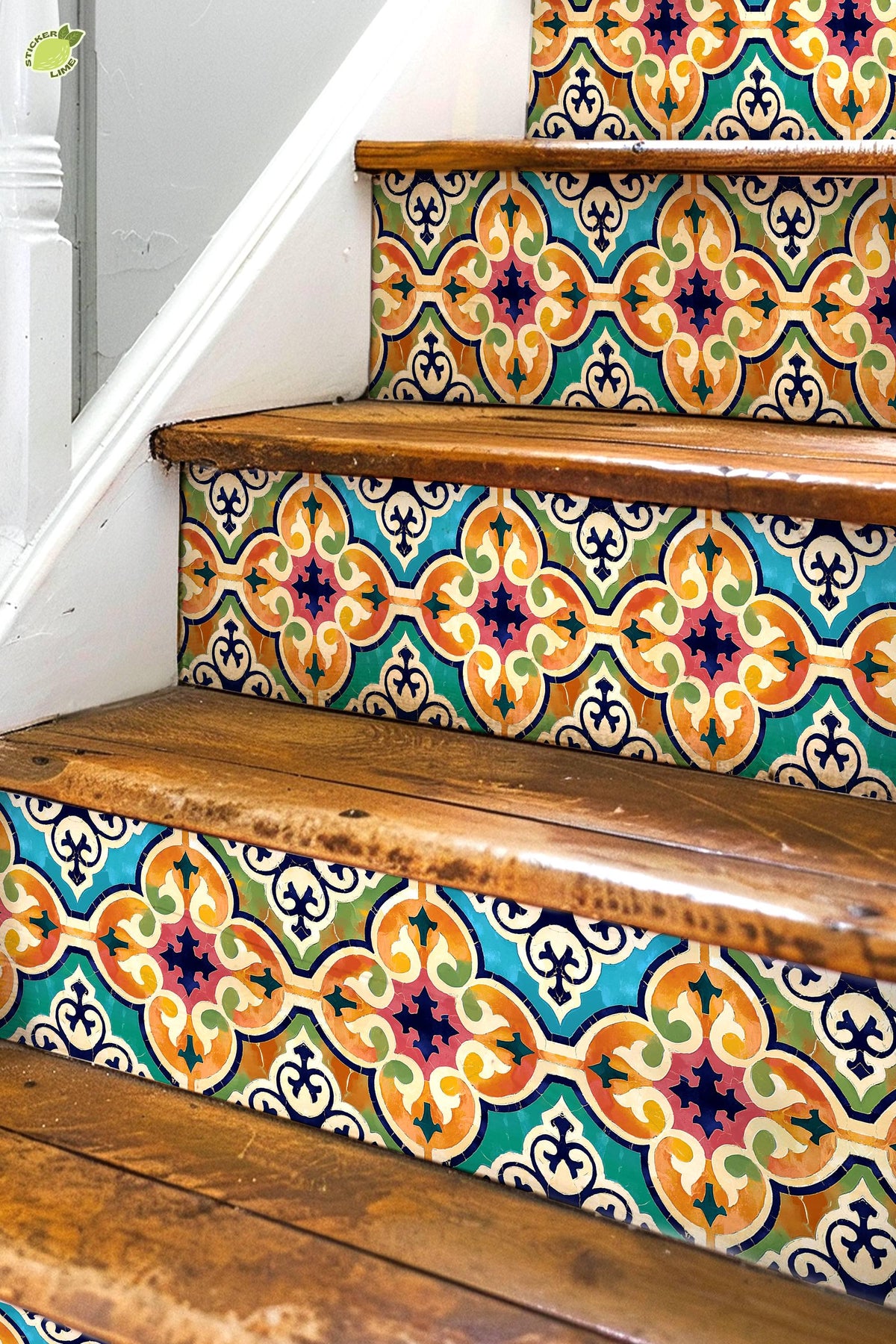 Orange & Pink Moroccan Tile peel and stick stair riser decals, photo 2 of 8