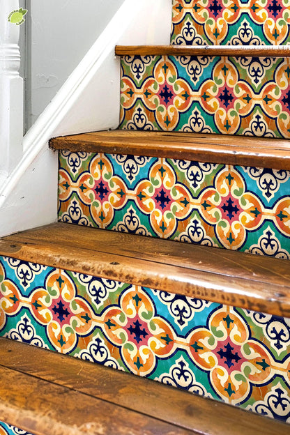 Orange & Pink Moroccan Tile peel and stick stair riser decals, photo 2 of 8