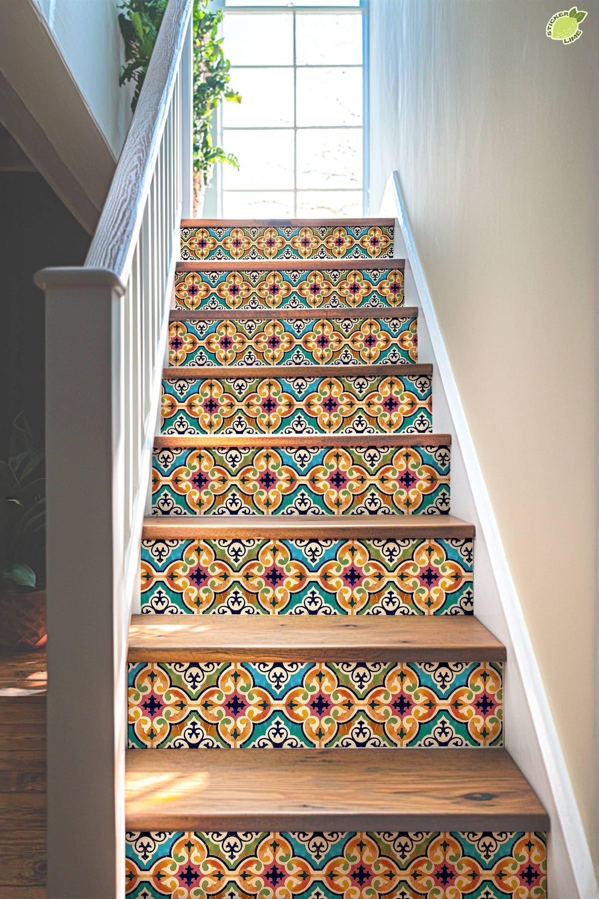 Orange & Pink Moroccan Tile peel and stick stair riser decals, photo 4 of 8