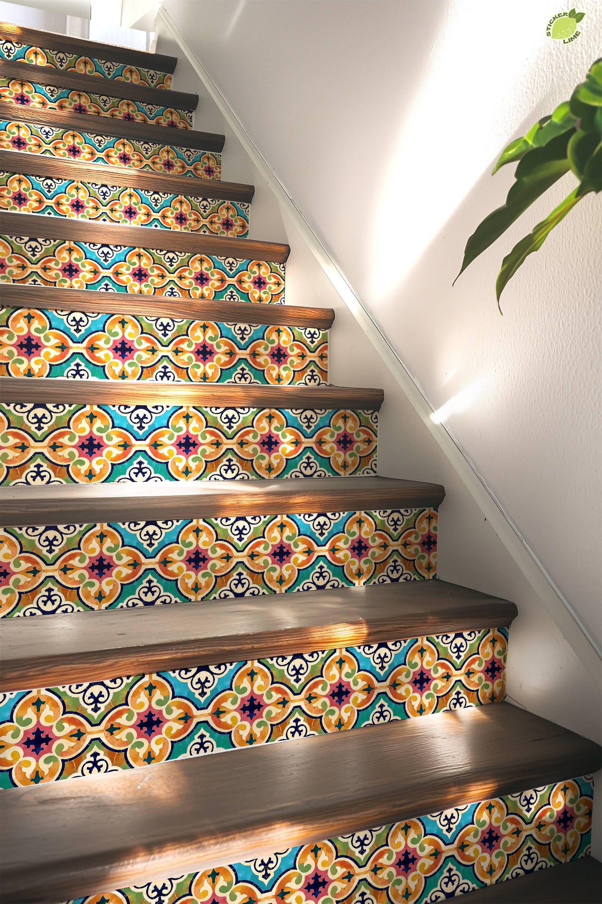 Orange & Pink Moroccan Tile peel and stick stair riser decals, photo 5 of 8