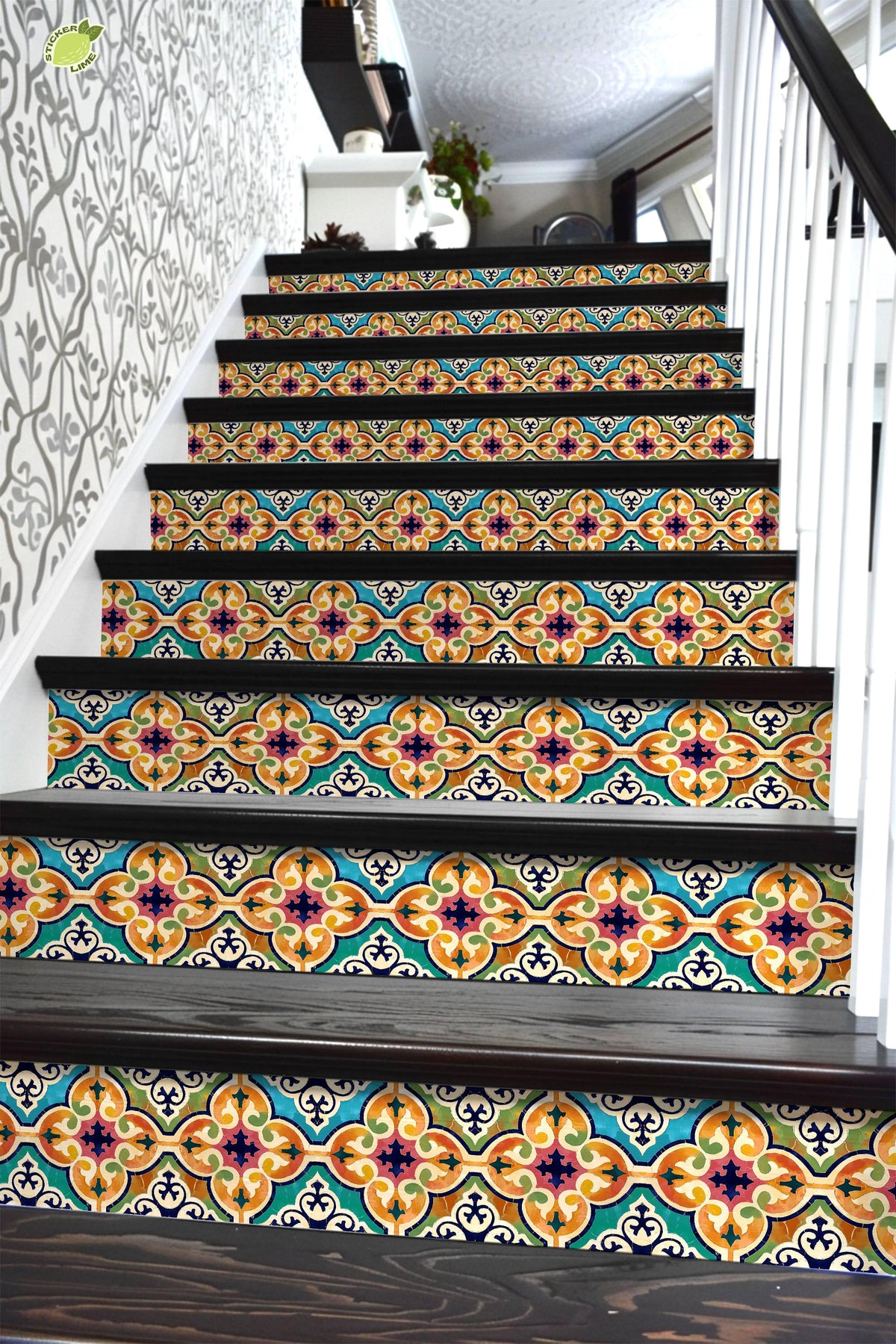 Orange & Pink Moroccan Tile peel and stick stair riser decals, photo 6 of 8