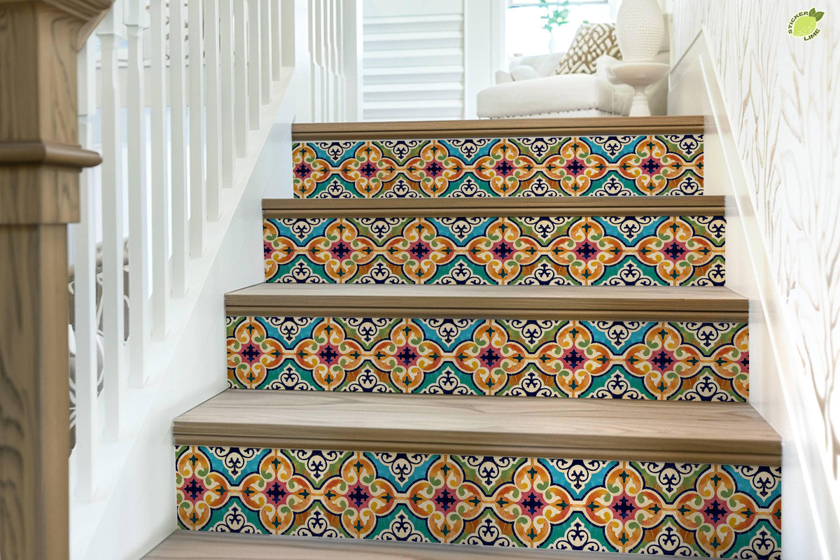 Orange & Pink Moroccan Tile peel and stick stair riser decals, photo 7 of 8