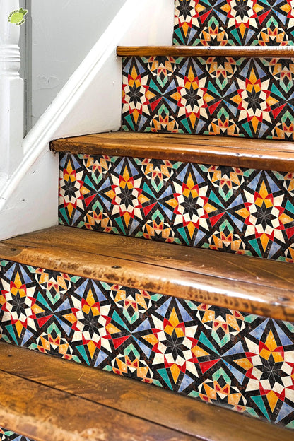 Orange & Red Rustic Moroccan Tile peel and stick stair riser decals