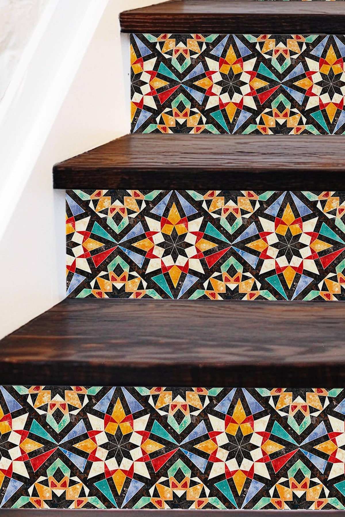 Orange & Red Rustic Moroccan Tile peel and stick stair riser decals, photo 3 of 8