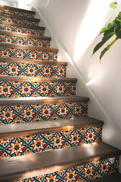 Orange & Red Rustic Moroccan Tile peel and stick stair riser decals, photo 5 of 8