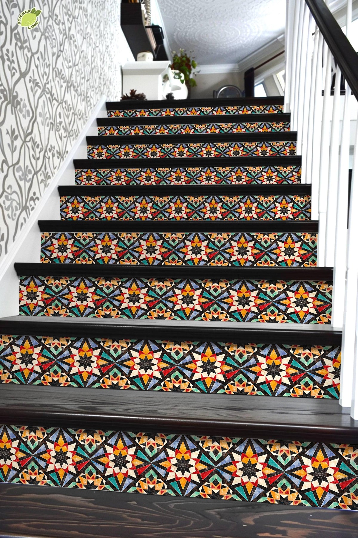 Orange & Red Rustic Moroccan Tile peel and stick stair riser decals, photo 6 of 8