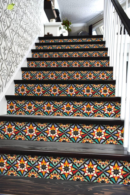 Orange & Red Rustic Moroccan Tile peel and stick stair riser decals, photo 6 of 8