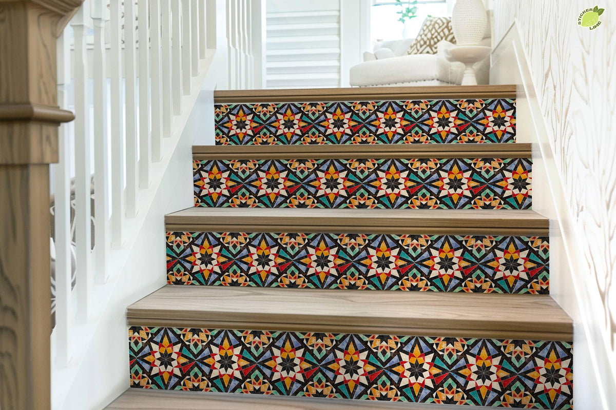 Orange & Red Rustic Moroccan Tile peel and stick stair riser decals, photo 7 of 8