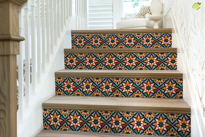 Orange & Red Rustic Moroccan Tile peel and stick stair riser decals, photo 7 of 8