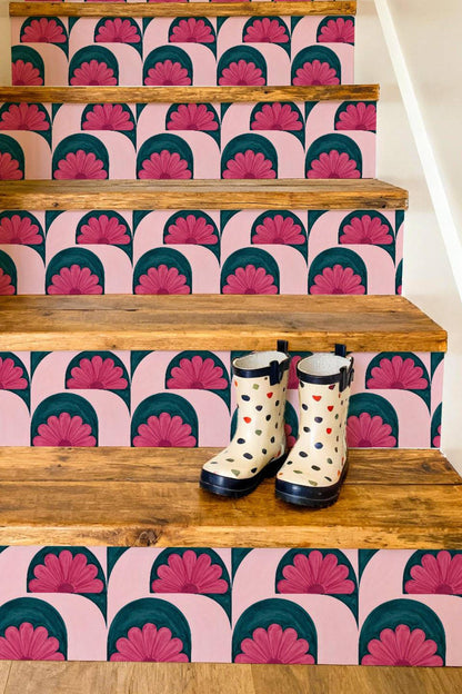 Pink and Teal Floral Arch peel and stick stair riser decals