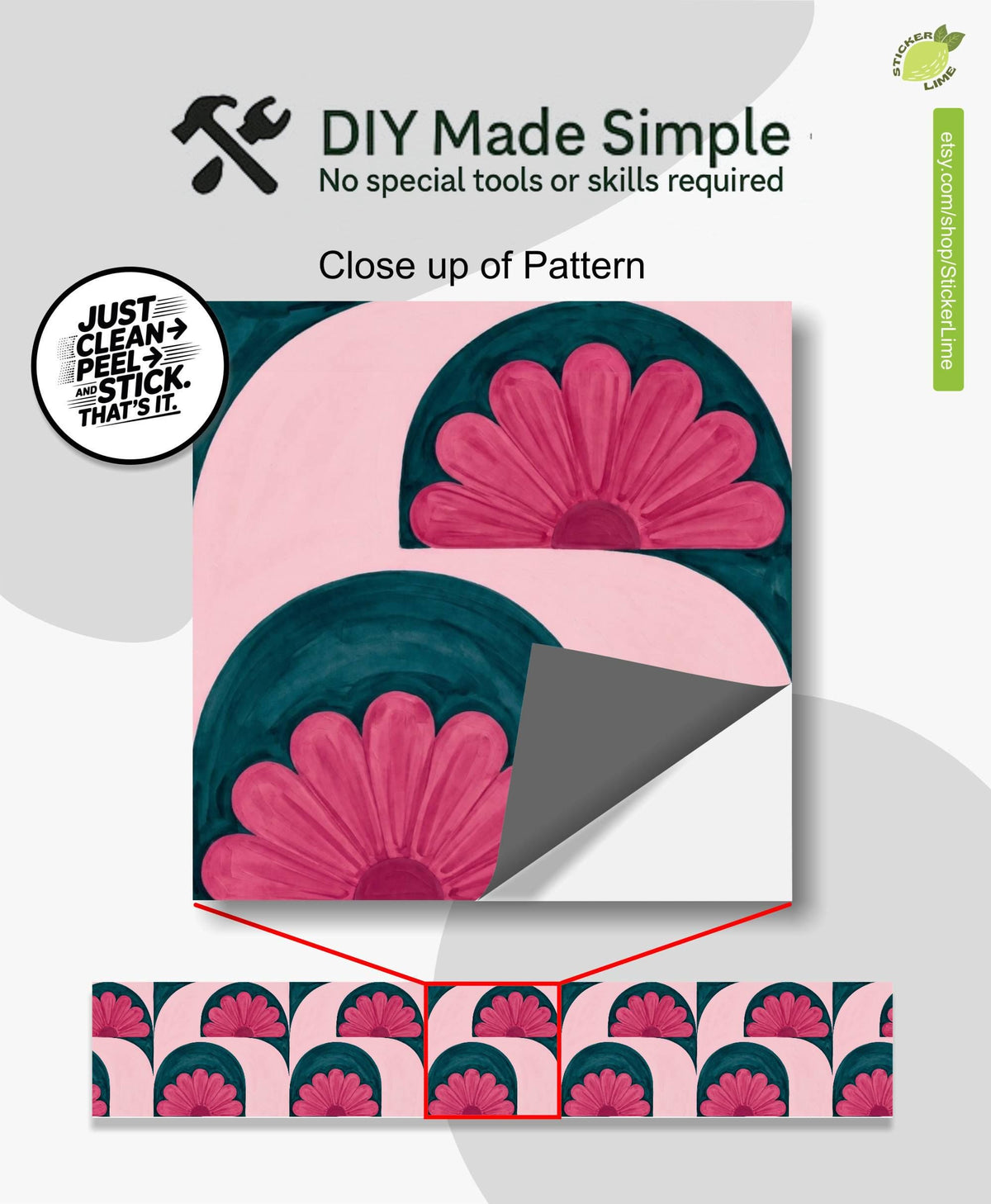 Pink and Teal Floral Arch peel and stick stair riser decals, photo 2 of 8