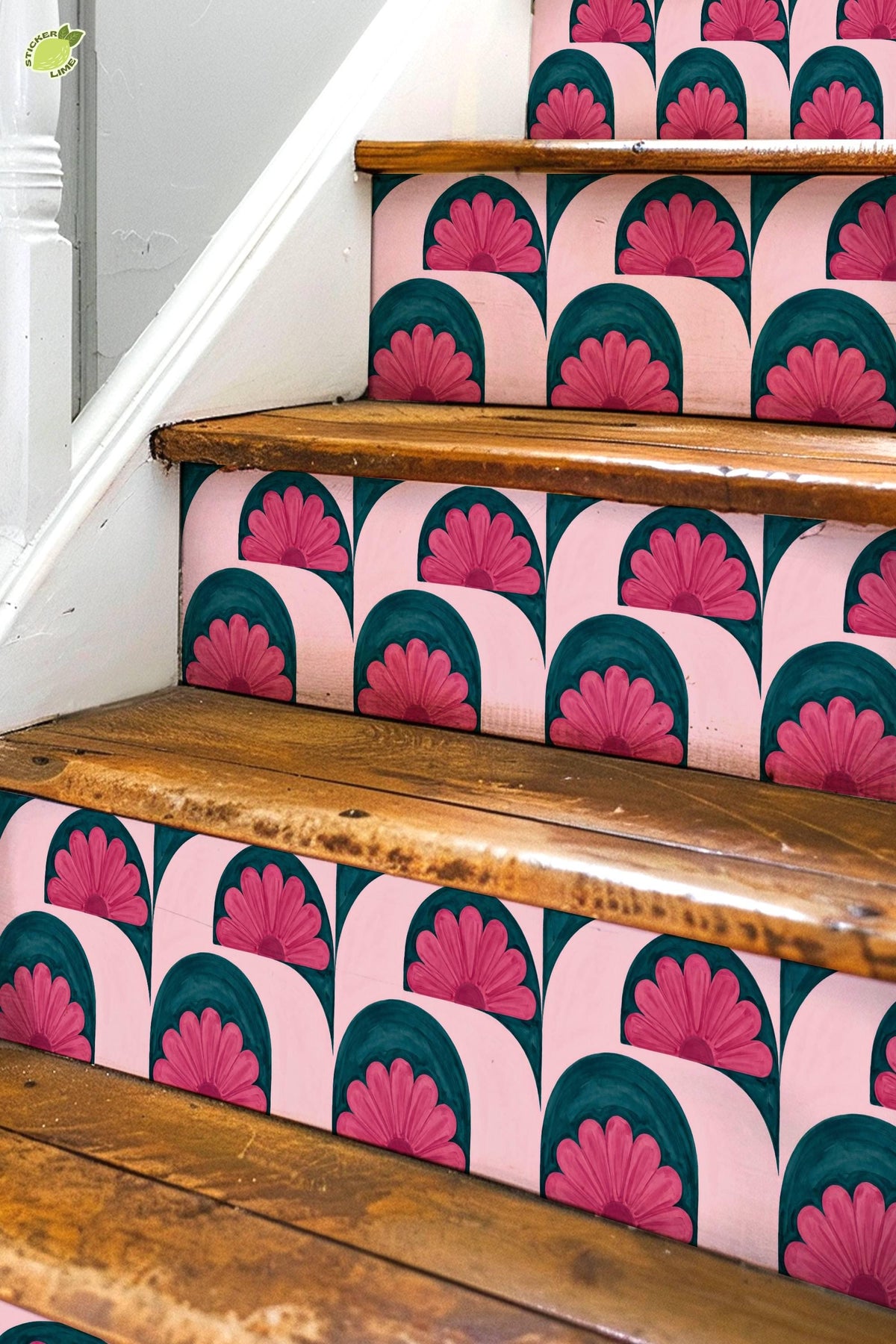 Pink and Teal Floral Arch peel and stick stair riser decals, photo 3 of 8