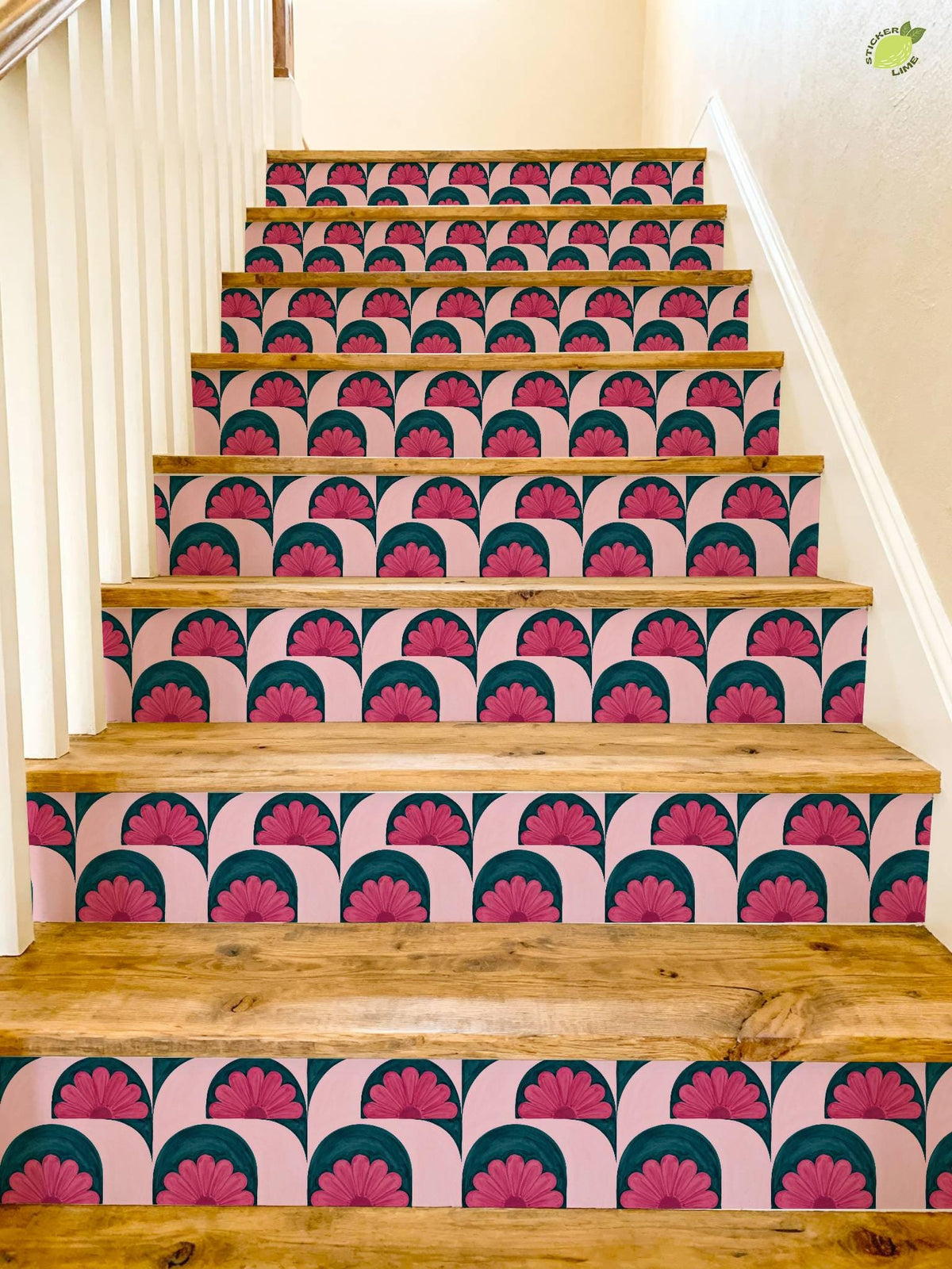 Pink and Teal Floral Arch peel and stick stair riser decals, photo 4 of 8