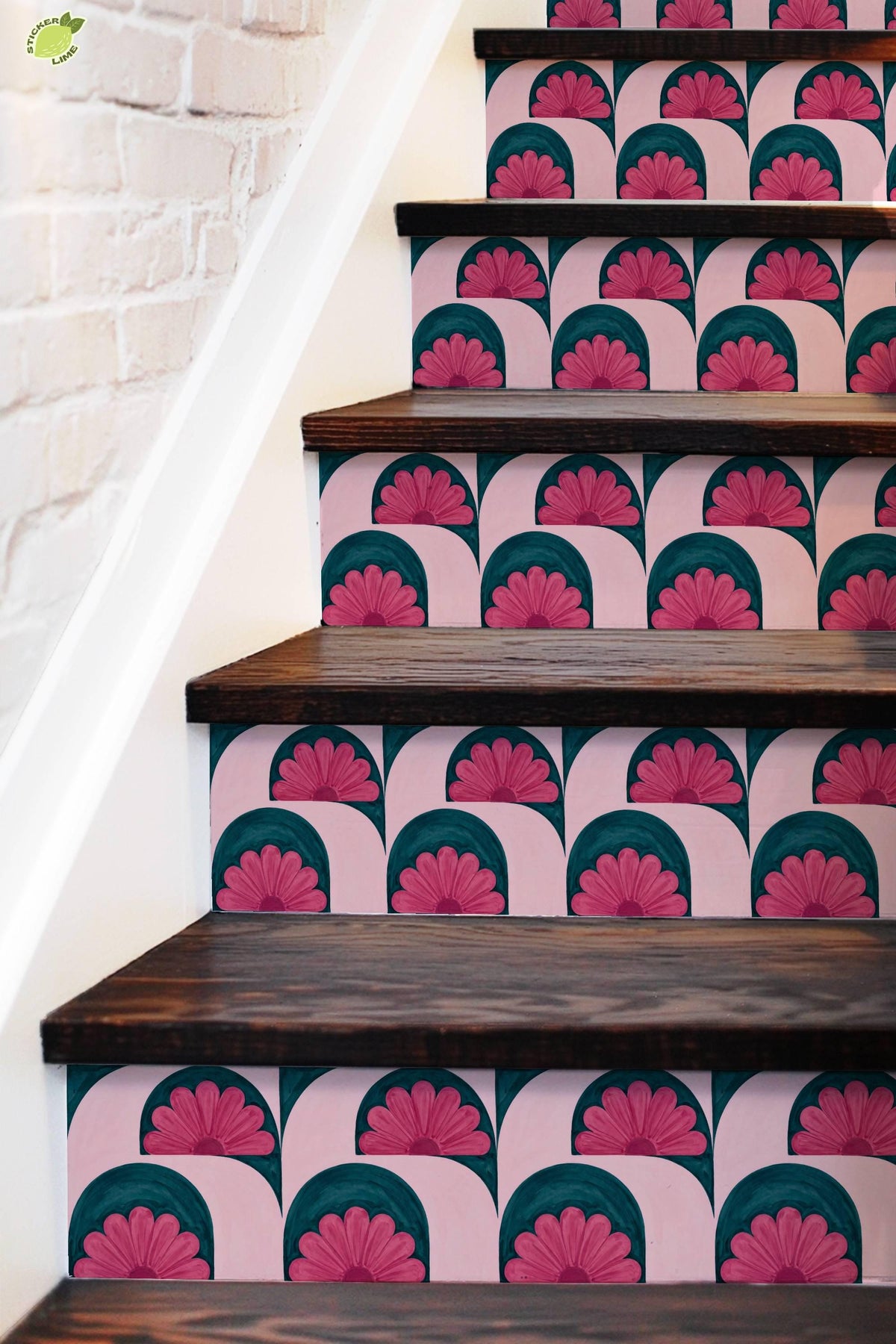 Pink and Teal Floral Arch peel and stick stair riser decals, photo 5 of 8