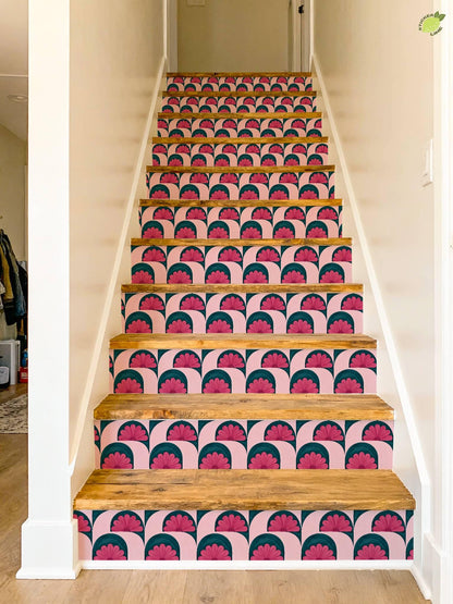 Pink and Teal Floral Arch peel and stick stair riser decals, photo 6 of 8