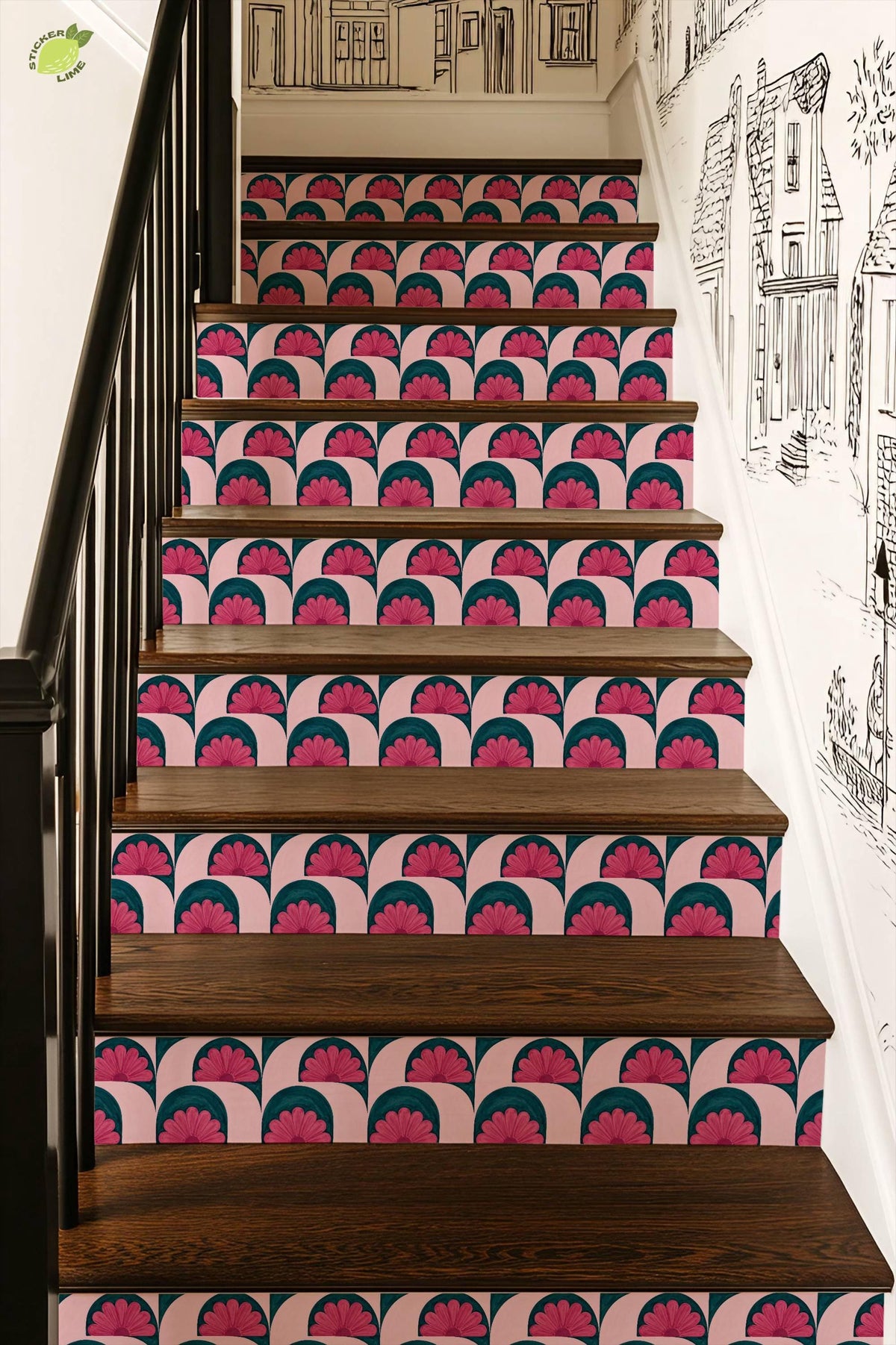 Pink and Teal Floral Arch peel and stick stair riser decals, photo 7 of 8