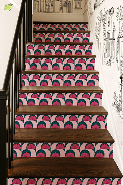 Pink and Teal Floral Arch peel and stick stair riser decals, photo 7 of 8