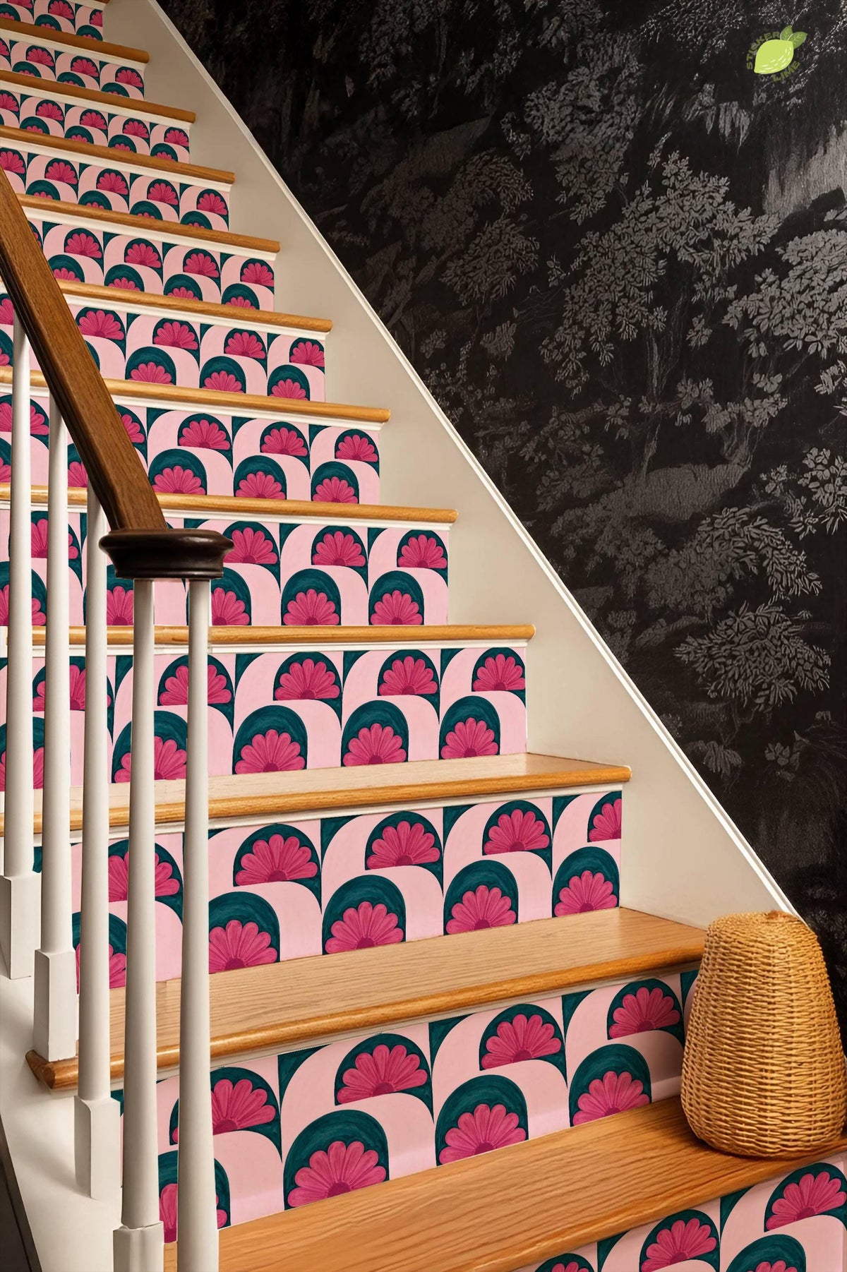Pink and Teal Floral Arch peel and stick stair riser decals, photo 8 of 8