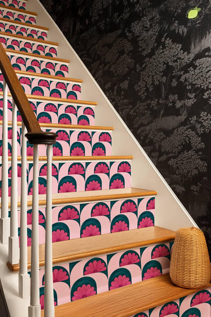 Pink and Teal Floral Arch peel and stick stair riser decals, photo 8 of 8