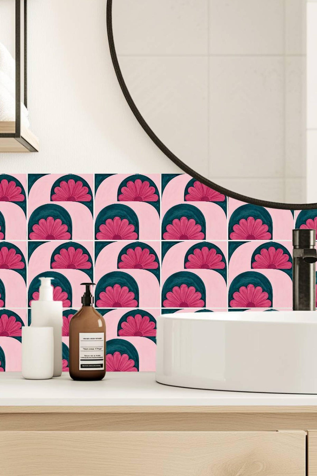 Pink and Teal Floral Arch peel and stick tile decals