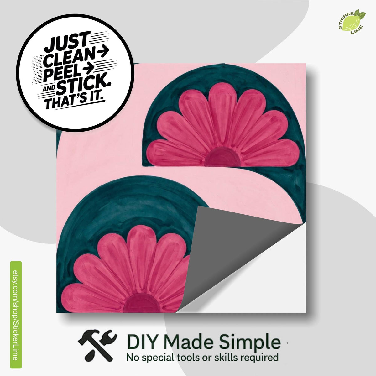 Pink and Teal Floral Arch peel and stick tile decals, photo 2 of 8